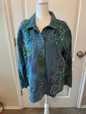Chico's Blue Denim Jacket with Green Accents